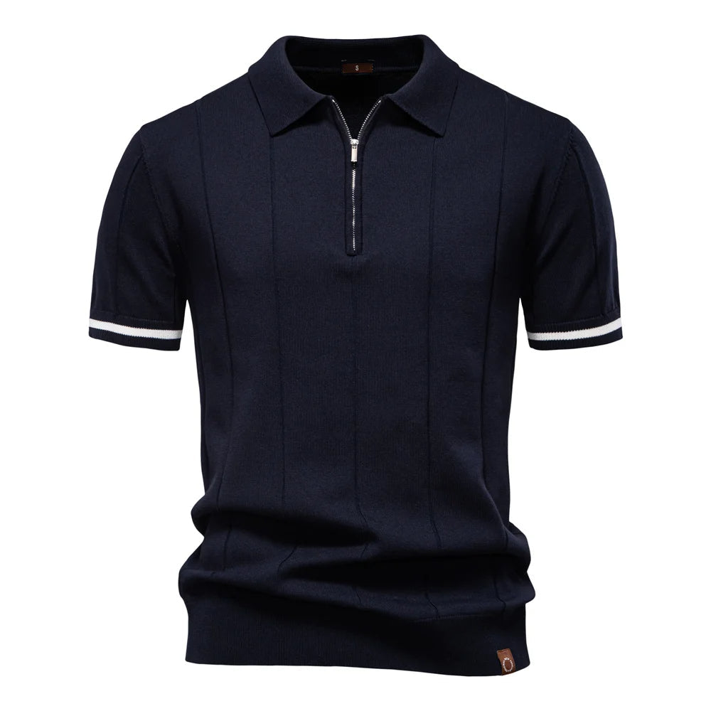 Men's Ribbed Knit Cotton Quarter-Zip Polo Shirt