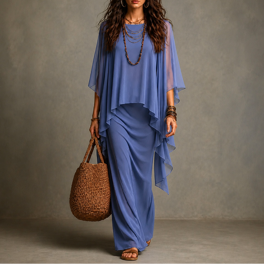 Women's Draped Maxi Dress with Cape Sleeves and Asymmetric Hem