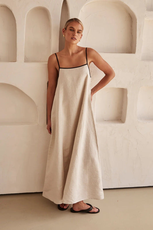 Women's Linen Maxi Dress with Contrast Trim and Adjustable Straps