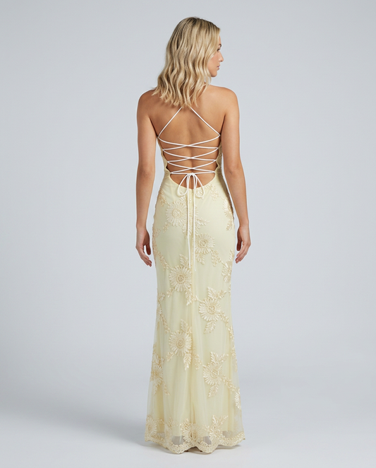 Women's Maxi Dress with Floral Appliqué and Lace-Up Back