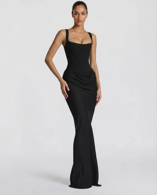 Women's Maxi Evening Dress with Square Neck and Draped Waist