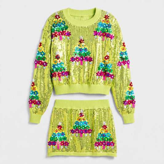 Women's Multicolour Sequin Tree Christmas Two-Piece Set
