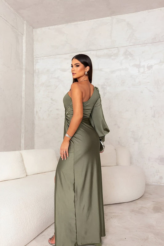 Women's One-Shoulder Satin Cocktail Maxi Dress