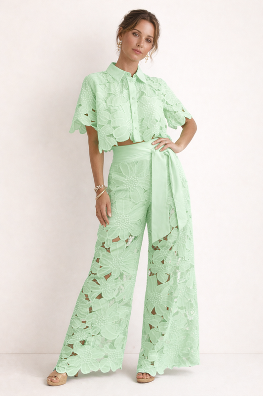 Women's Patterned Summer Blouse and Wide-Leg Pants Set