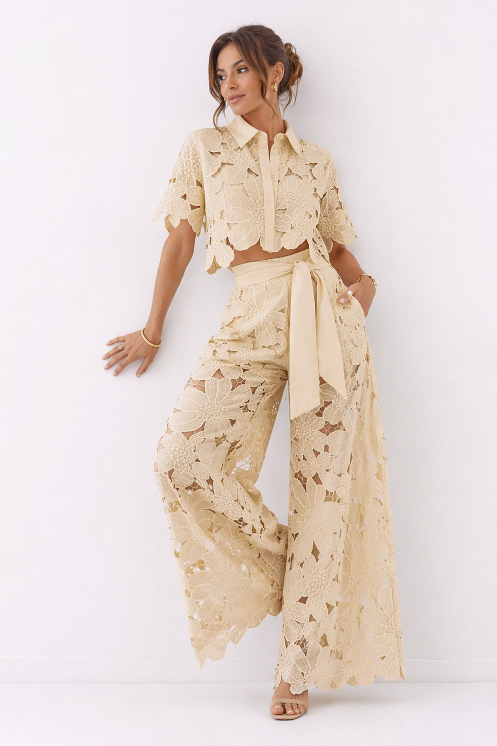 Women's Patterned Summer Blouse and Wide-Leg Pants Set