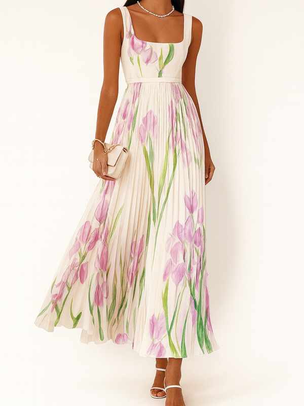 Women's Pleated Maxi Summer Dress with Square Neck and Slim Straps