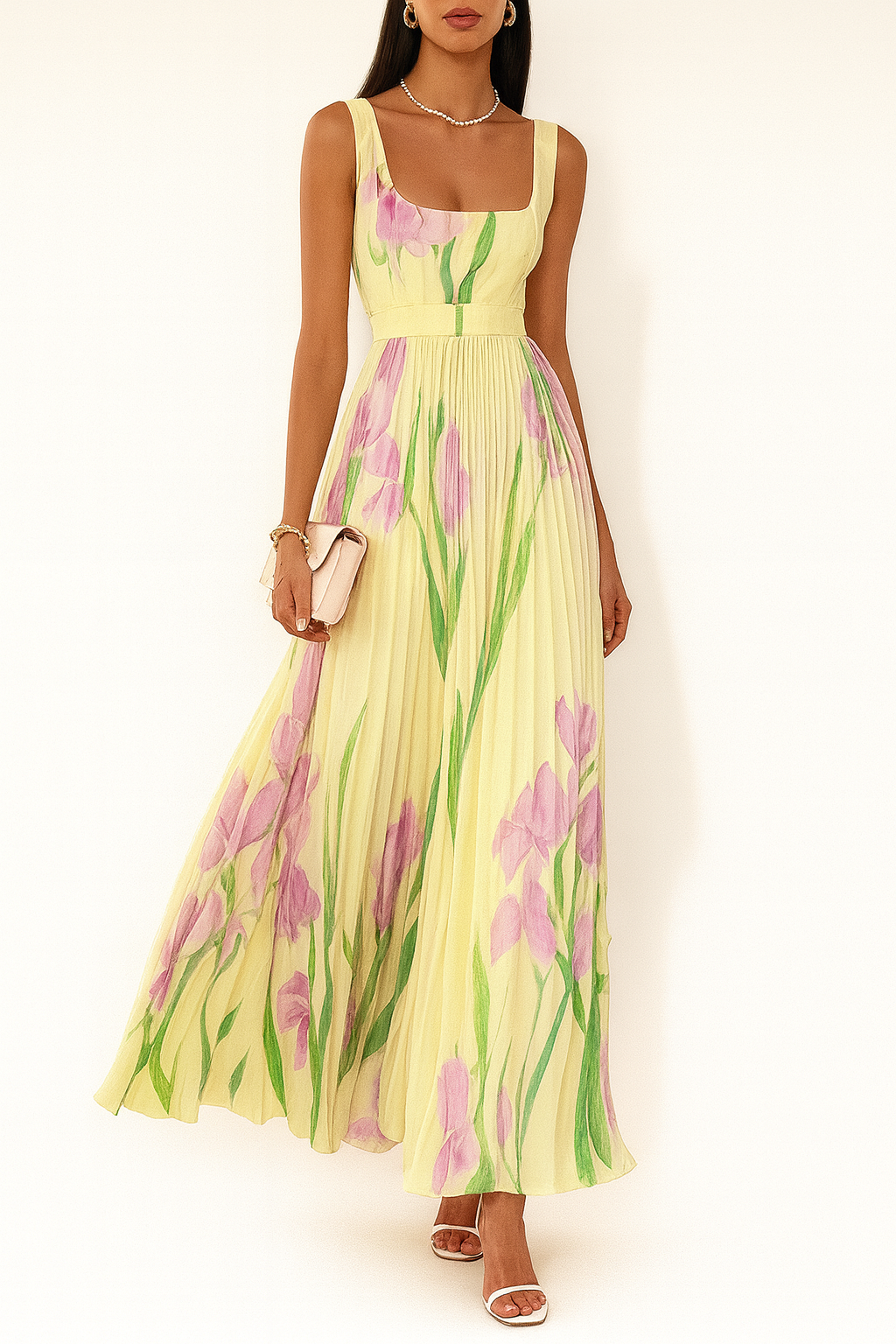 Women's Pleated Maxi Summer Dress with Square Neck and Slim Straps