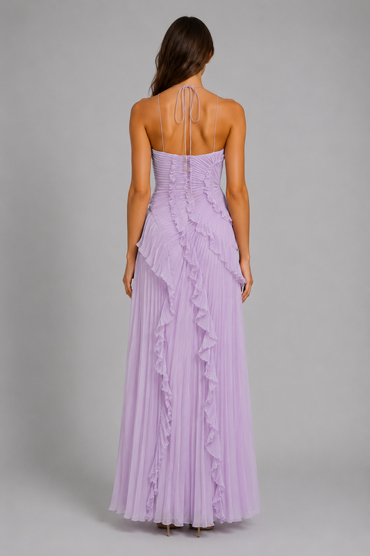 Women's Pleated Ruffle Halter Maxi Dress