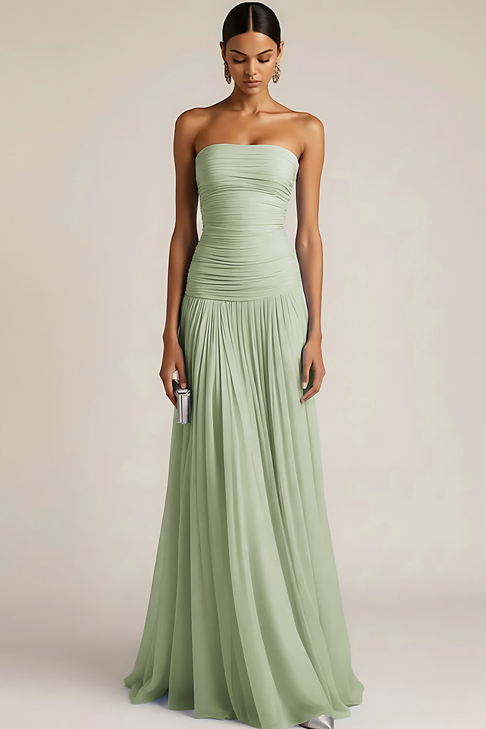 Women's Strapless Ruched Maxi Bridesmaid Dress with Pleated Skirt