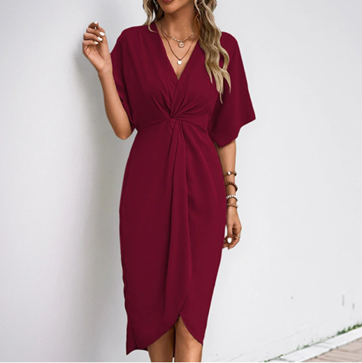 Women's V-Neck Twist Front Midi Dress