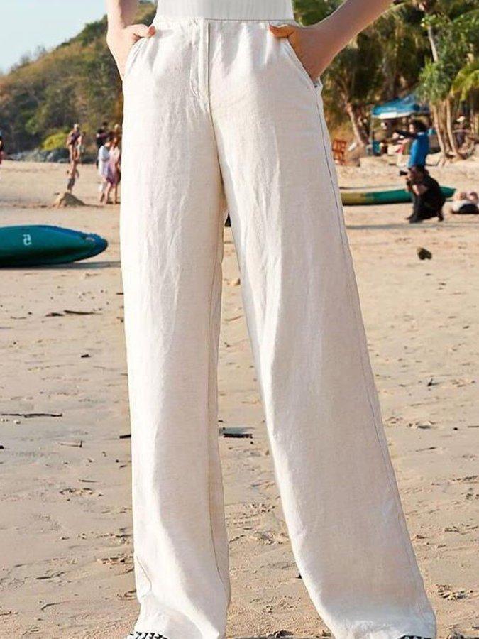 Women's Wide-Leg Cotton Pants with Elastic Waist for Casual Wear