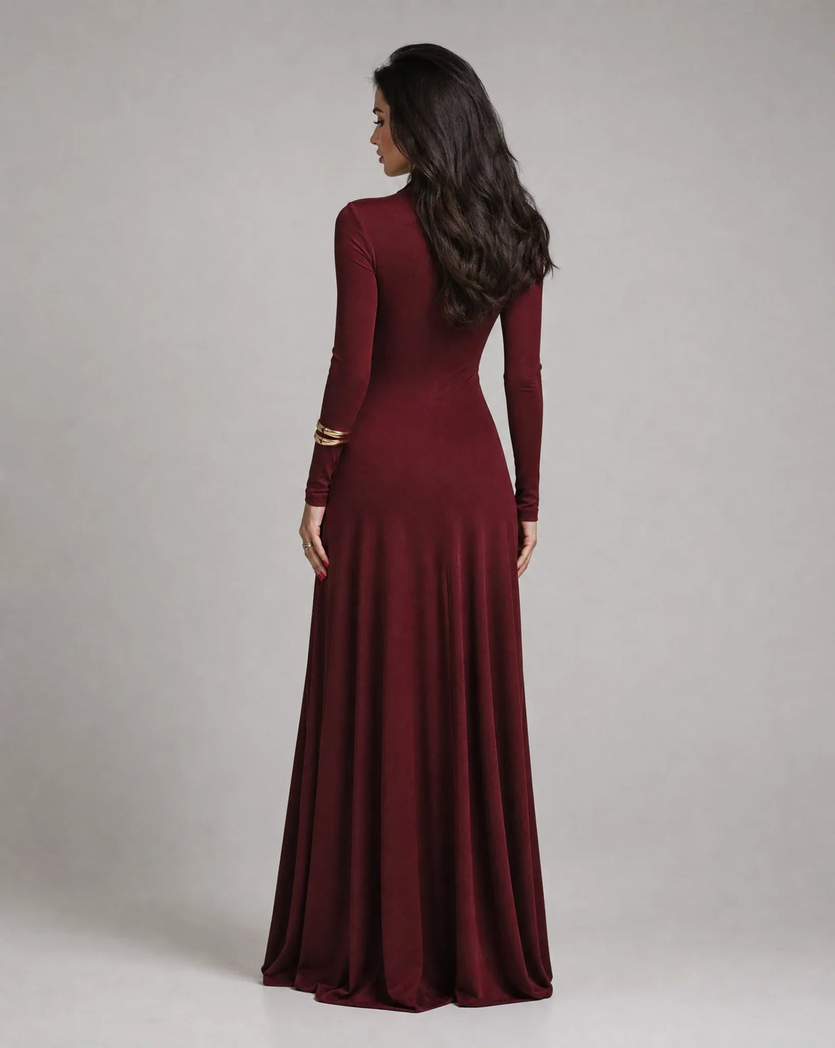 Women's Wine Red Long Sleeve V Neck Maxi Dress with Ruched Waist