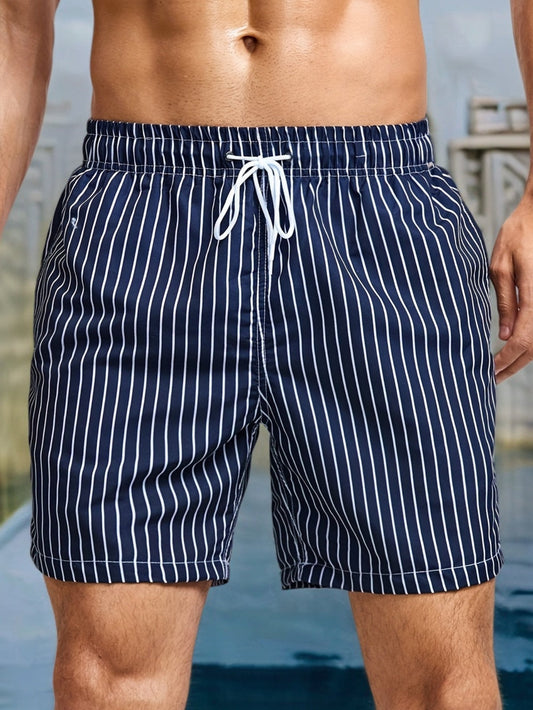 Men's Striped Swim Shorts with Drawstring Waist