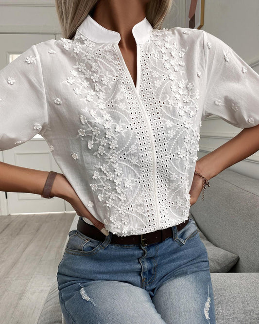 Women's Embroidered Floral Blouse with Sleeves
