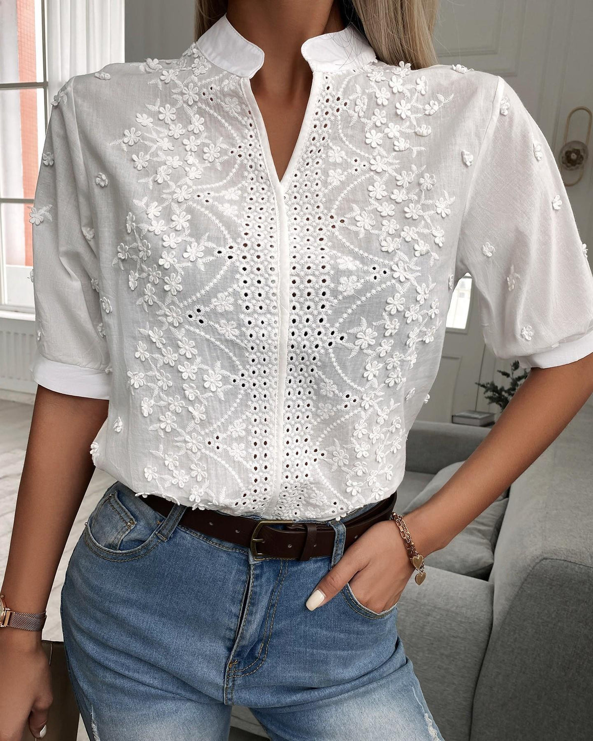 Women's Embroidered Floral Blouse with Sleeves