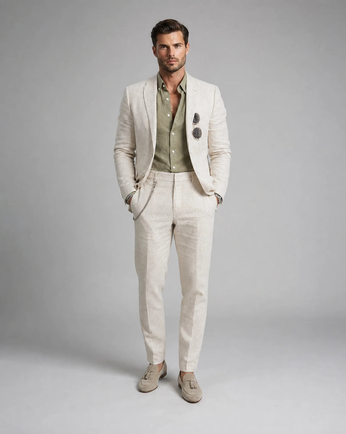 Men's Linen Blend Slim Fit Two Piece Suit for Summer Weddings