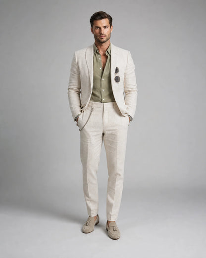 Men's Linen Blend Slim Fit Two Piece Suit for Summer Weddings