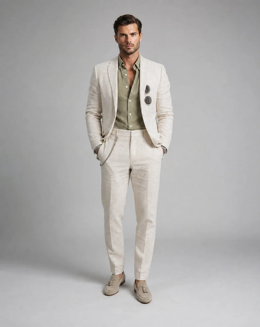 Men's Linen Blend Slim Fit Two Piece Suit for Summer Weddings