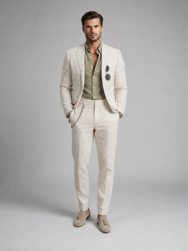 Men's Linen Blend Slim Fit Two Piece Suit for Summer Weddings