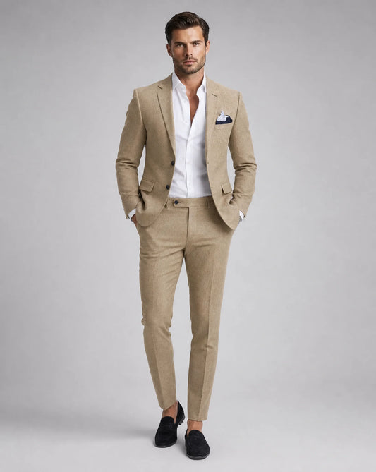 Men's Linen Blend Slim Fit Two Piece Suit for Summer Weddings