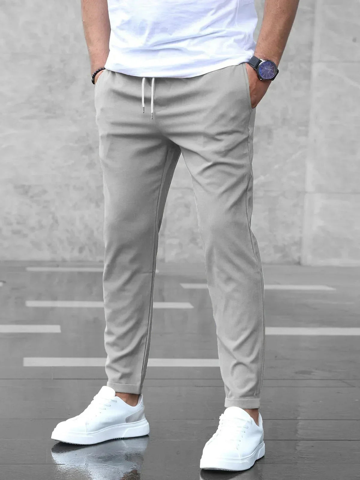 Men's Relaxed Fit Stretch Pants with Elastic Drawstring Waist