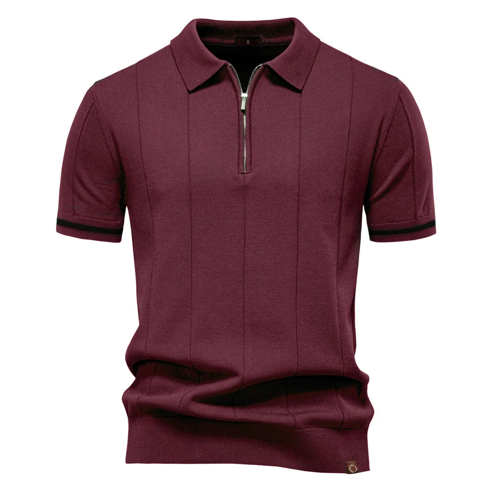Men's Ribbed Knit Cotton Quarter-Zip Polo Shirt