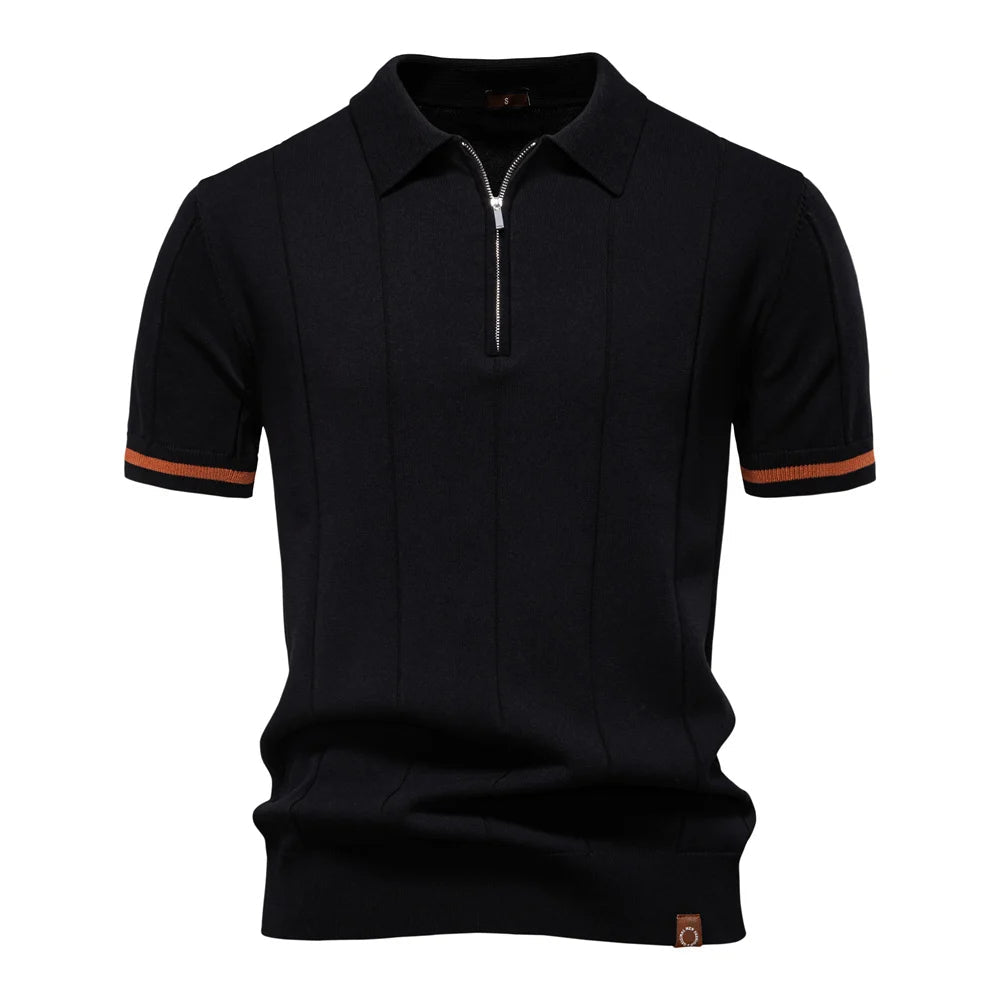 Men's Ribbed Knit Cotton Quarter-Zip Polo Shirt