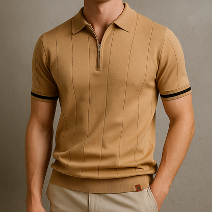 Men's Ribbed Knit Cotton Quarter-Zip Polo Shirt