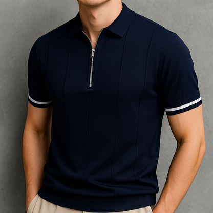 Men's Ribbed Knit Cotton Quarter-Zip Polo Shirt