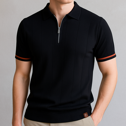 Men's Ribbed Knit Cotton Quarter-Zip Polo Shirt