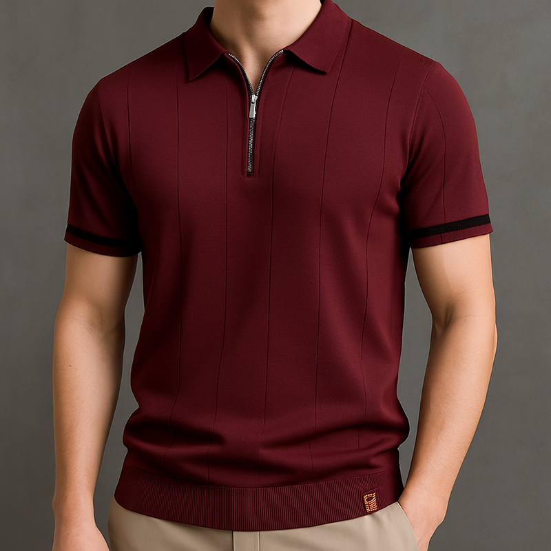 Men's Ribbed Knit Cotton Quarter-Zip Polo Shirt