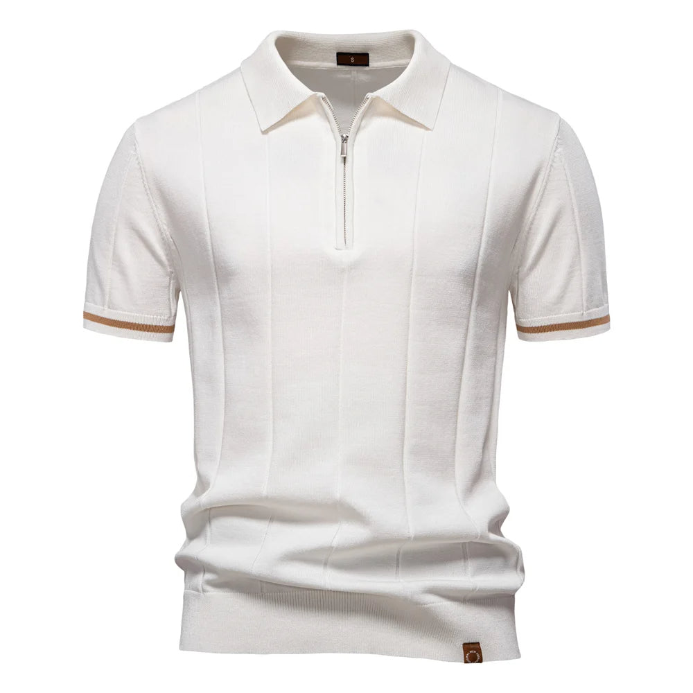 Men's Ribbed Knit Cotton Quarter-Zip Polo Shirt