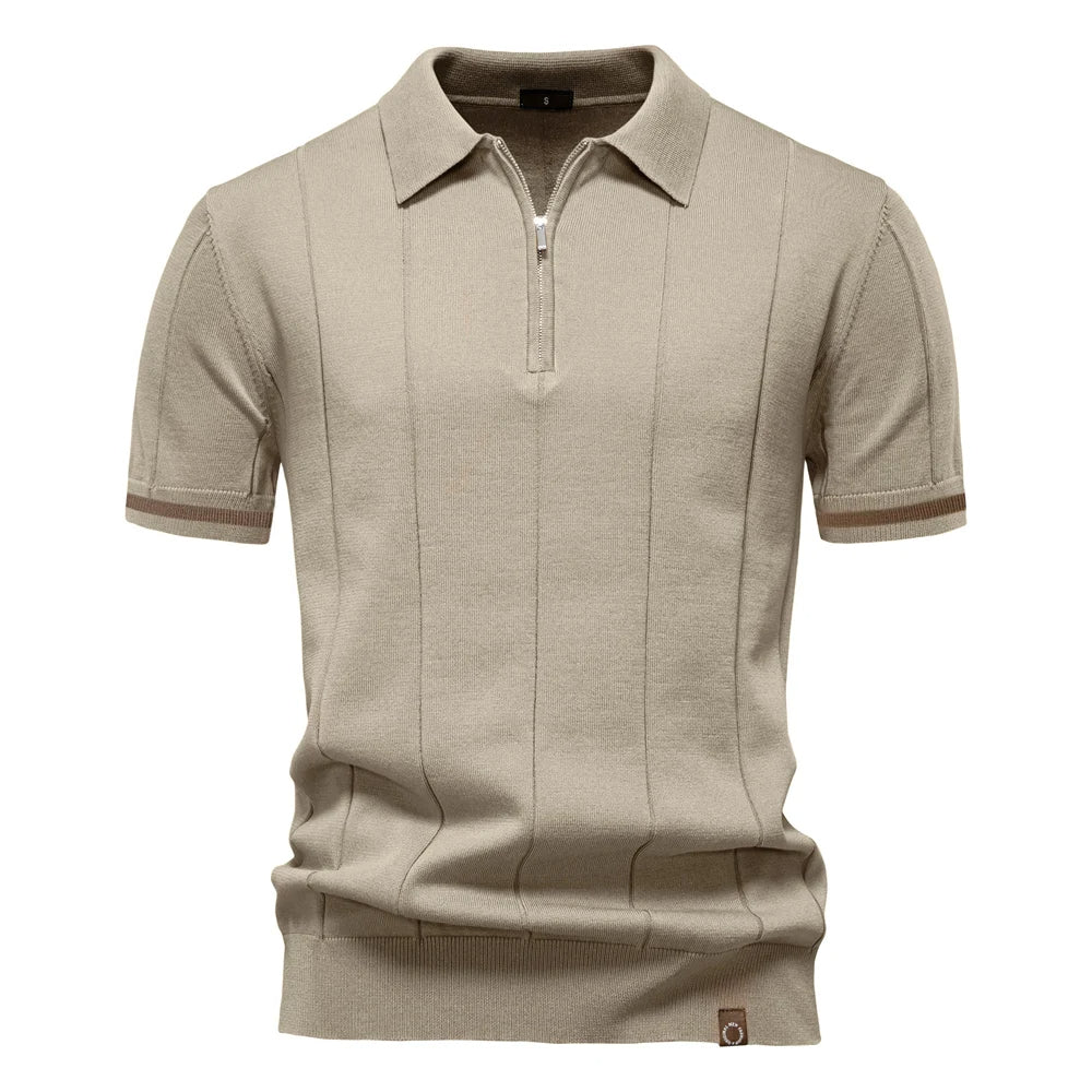 Men's Ribbed Knit Cotton Quarter-Zip Polo Shirt