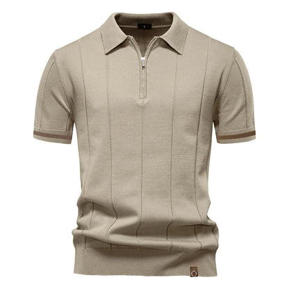 Men's Ribbed Knit Cotton Quarter-Zip Polo Shirt