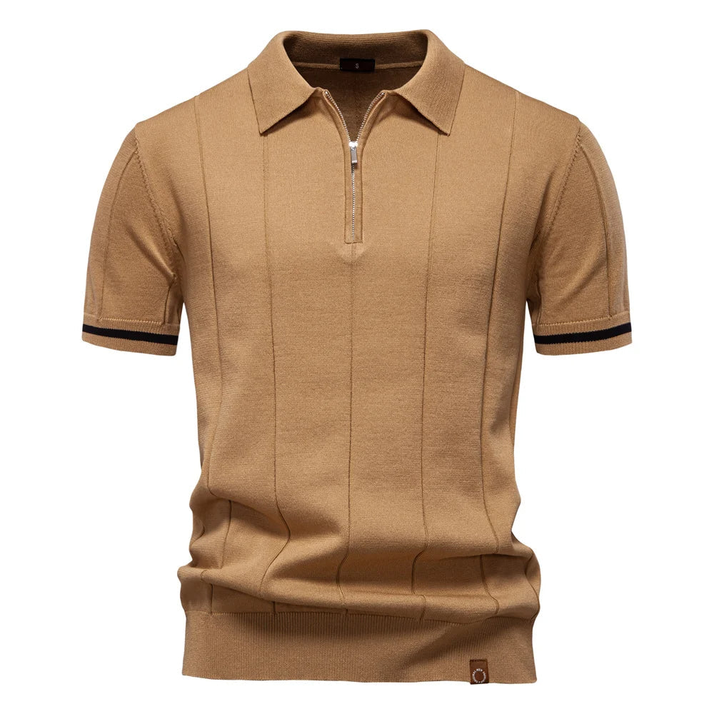 Men's Ribbed Knit Cotton Quarter-Zip Polo Shirt