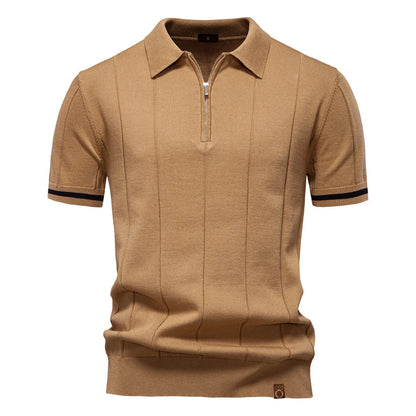 Men's Ribbed Knit Cotton Quarter-Zip Polo Shirt