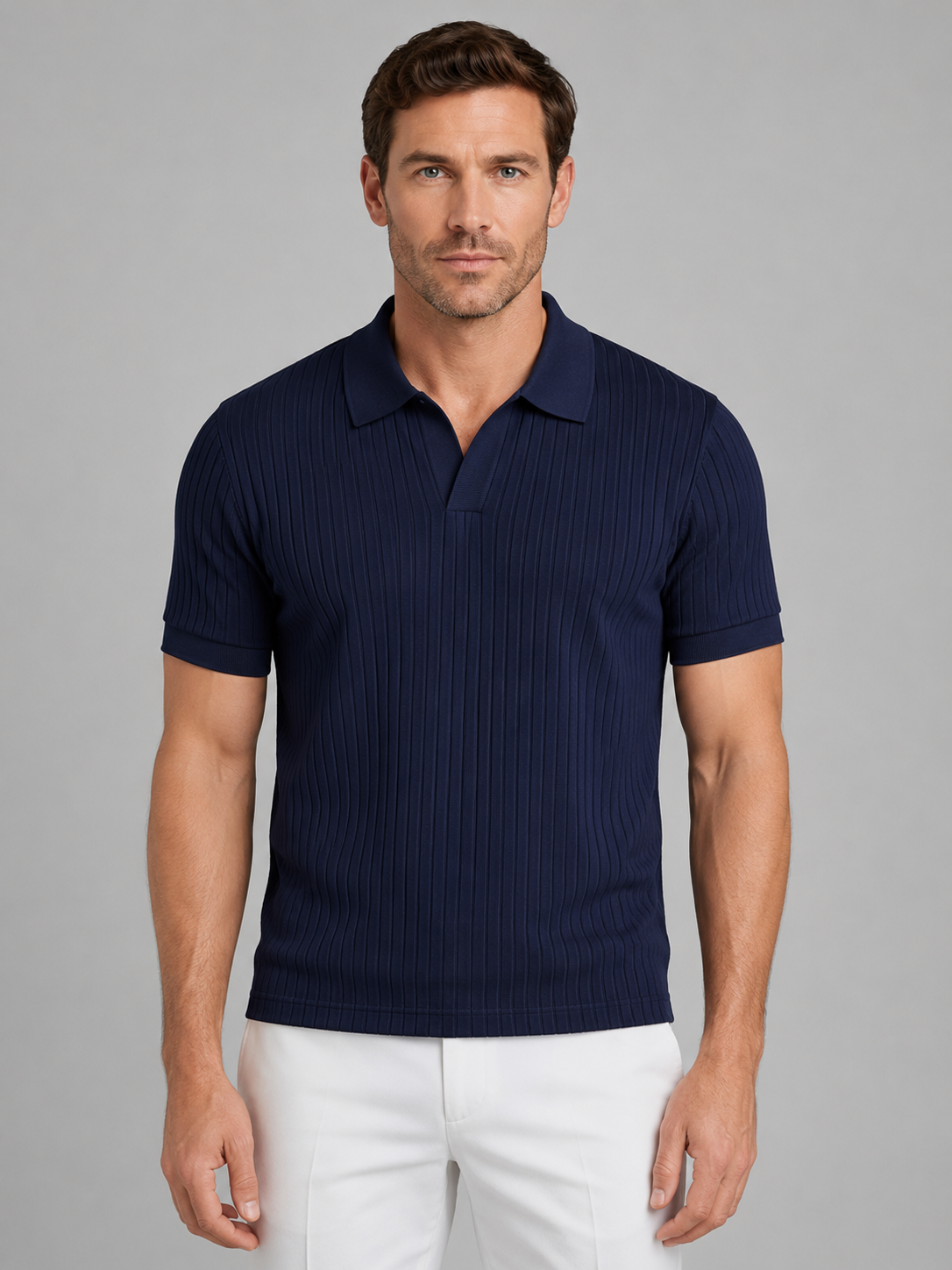 Men's Ribbed Knit Polo Shirt - Tailored Smart Casual Top