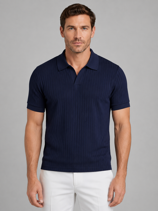 Men's Ribbed Knit Polo Shirt - Tailored Smart Casual Top