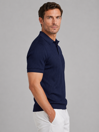 Men's Ribbed Knit Polo Shirt - Tailored Smart Casual Top