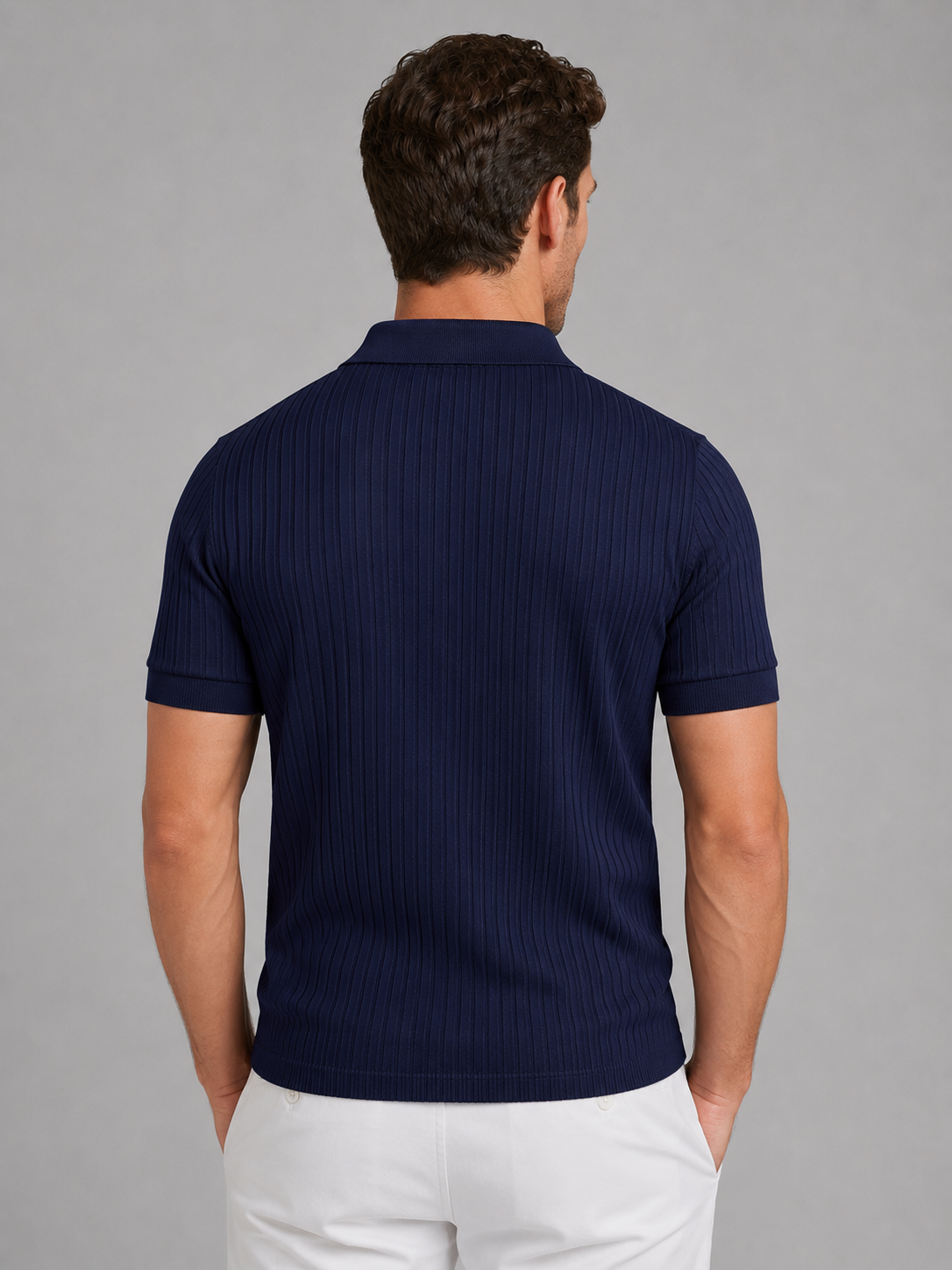 Men's Ribbed Knit Polo Shirt - Tailored Smart Casual Top