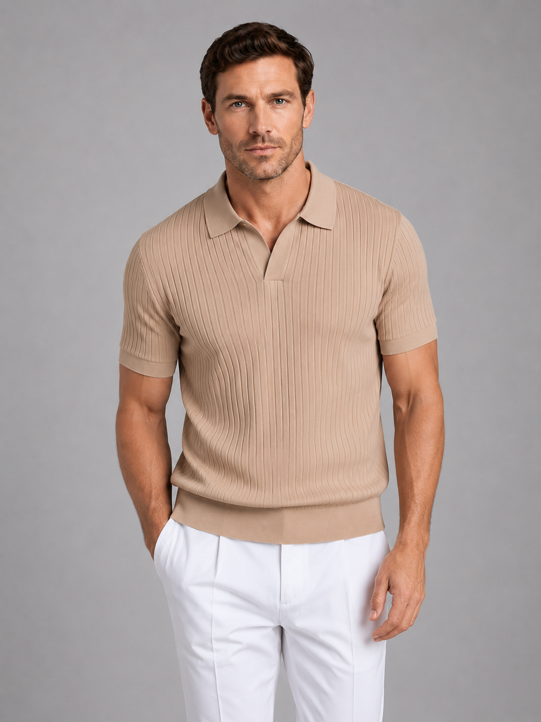 Men's Ribbed Knit Polo Shirt - Tailored Smart Casual Top