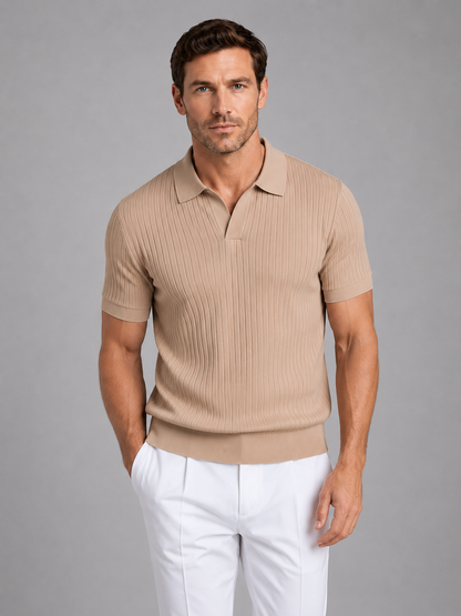 Men's Ribbed Knit Polo Shirt - Tailored Smart Casual Top