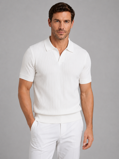 Men's Ribbed Knit Polo Shirt - Tailored Smart Casual Top