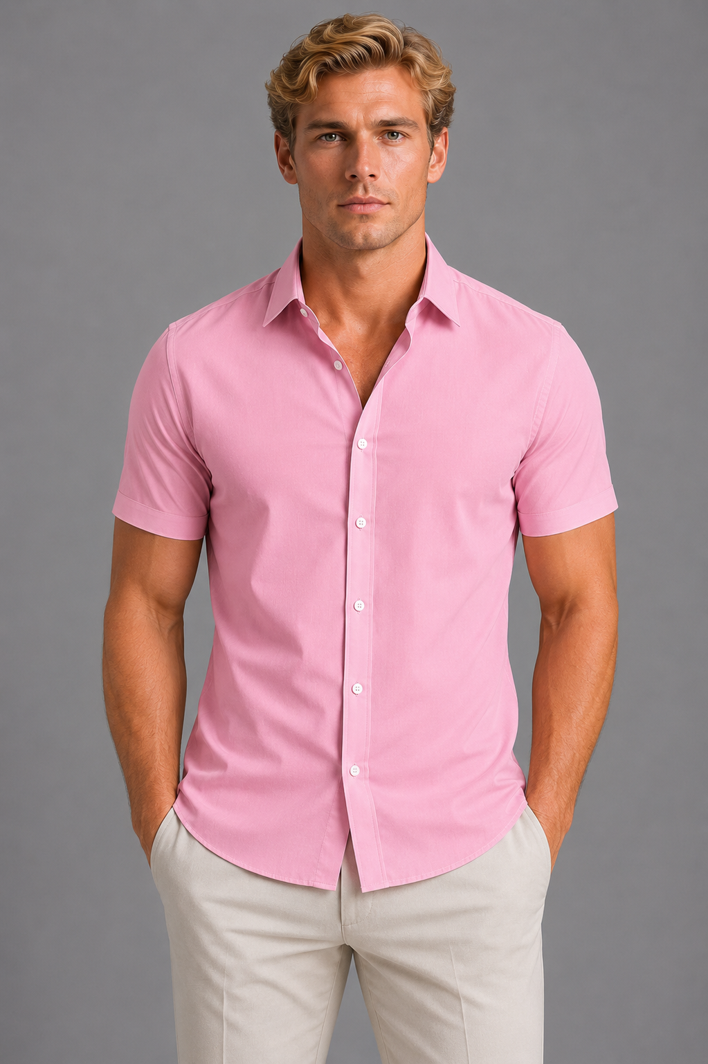 Men's Slim Fit Short Sleeve Button-Down Shirt, Smart Casual