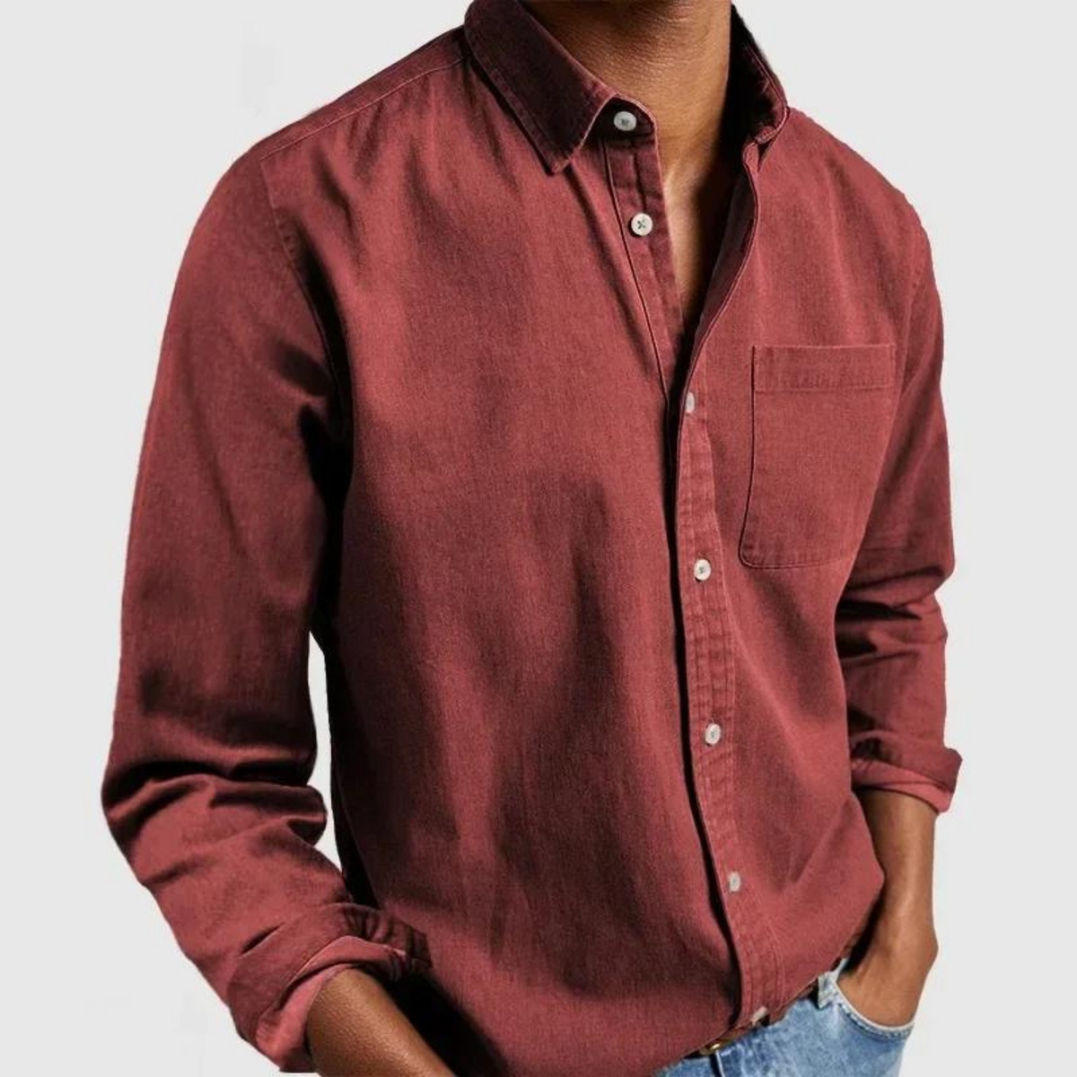 Men's Tailored Cotton Shirt with Notch Collar and Button Placket
