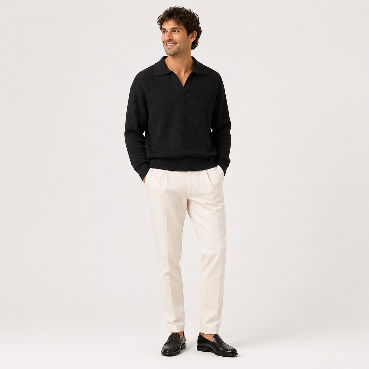 Men's Textured Knit Polo Sweater with Refined Minimalism