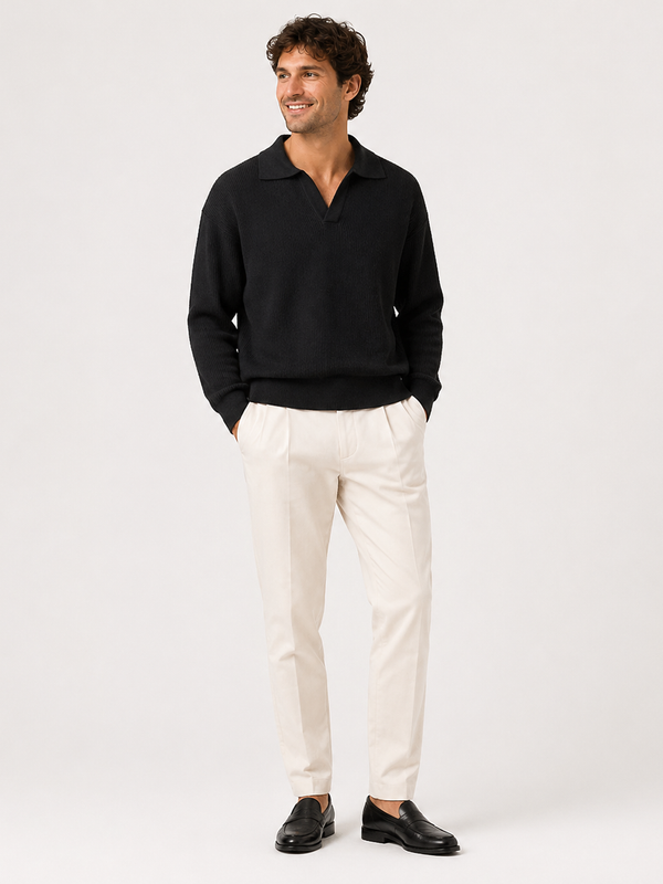 Men's Textured Knit Polo Sweater with Refined Minimalism