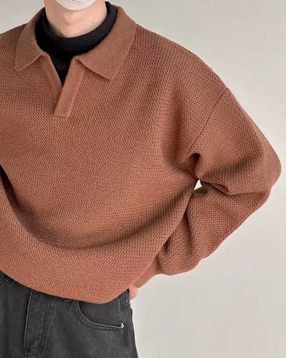 Men's Textured Knit Polo Sweater with Refined Minimalism