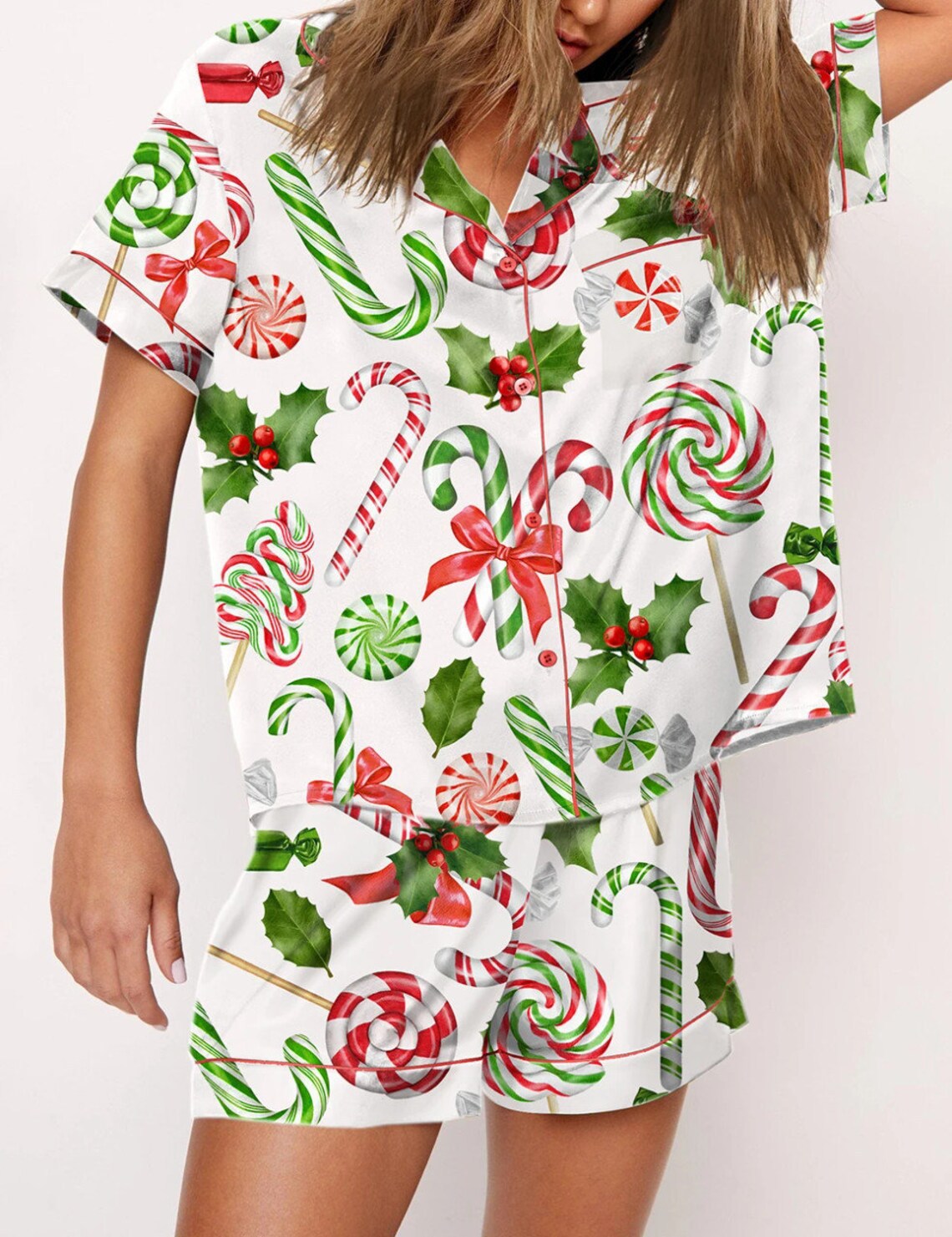Women's Black Candy Cane Print Christmas Pyjamas