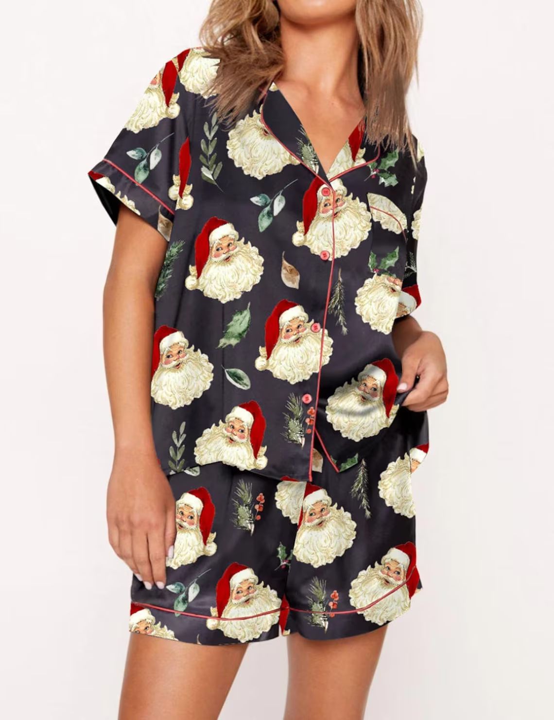 Women's Black Candy Cane Print Christmas Pyjamas